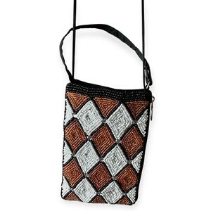 Elegant Beaded Crossbody Bag - Black, White, and Brown